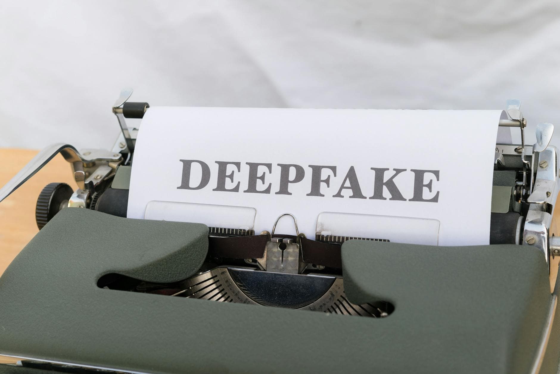 Old-fashioned typewriter with a paper labeled 'DEEPFAKE', symbolizing AI-generated content.