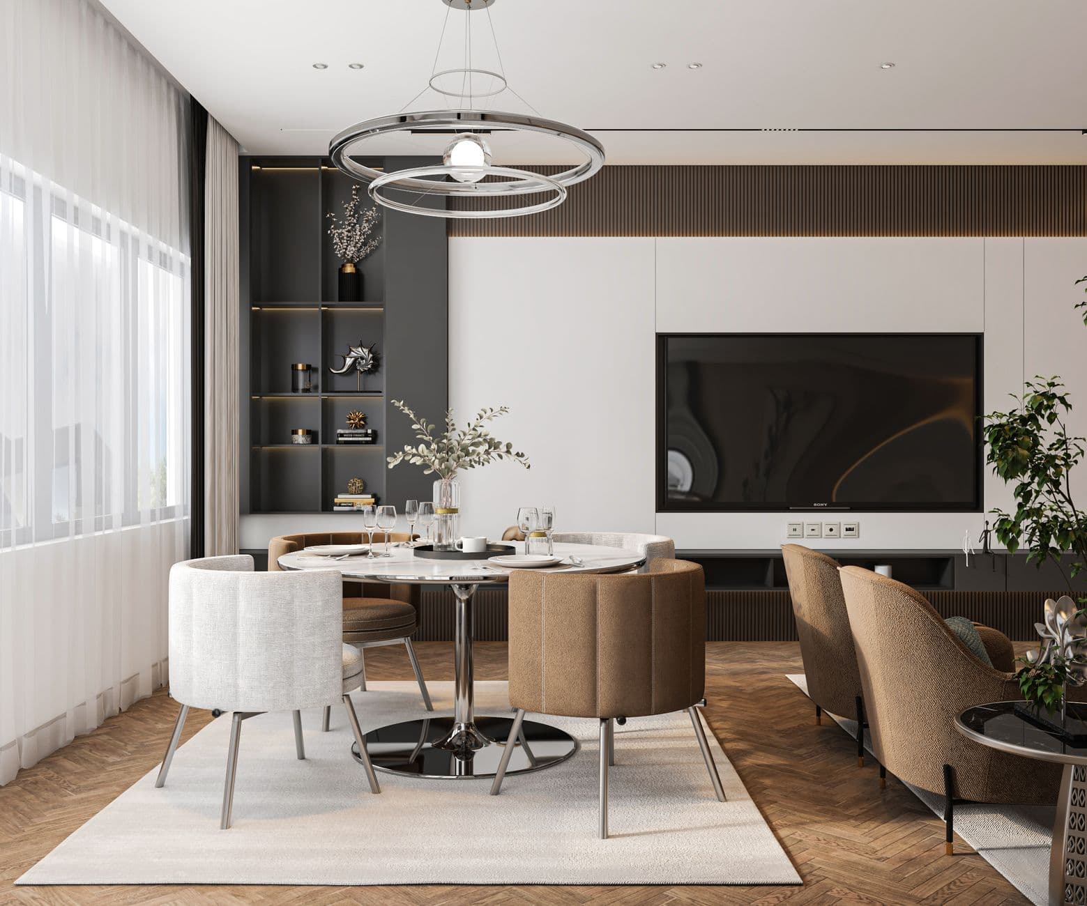 Stylish and modern living room interior with elegant furniture and decor in 6th of October City, Egypt.
