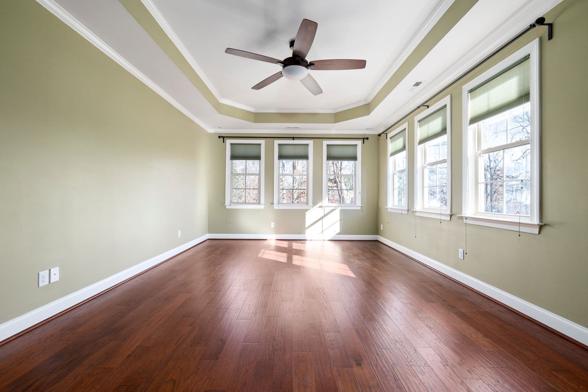 Empty room with hardwood floor, green walls, and large windows providing natural light.