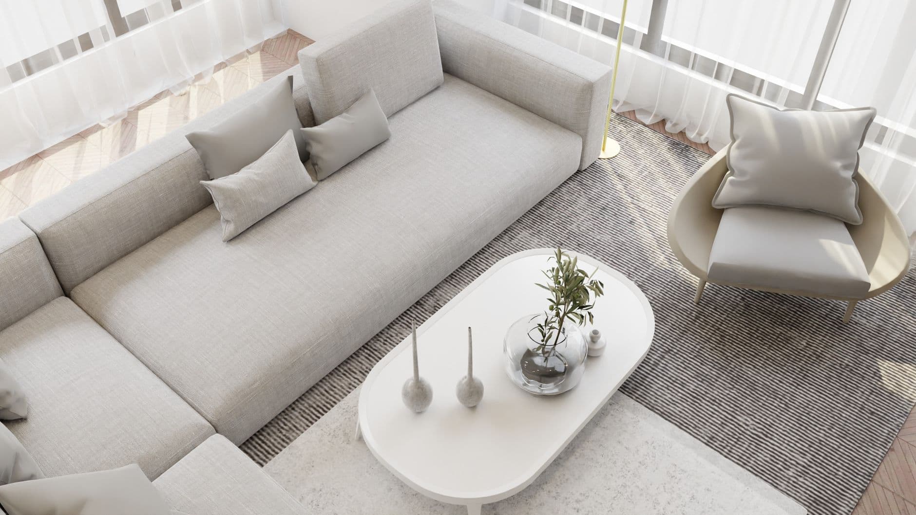Bright and cozy minimalist living room with beige sofa and modern decor.