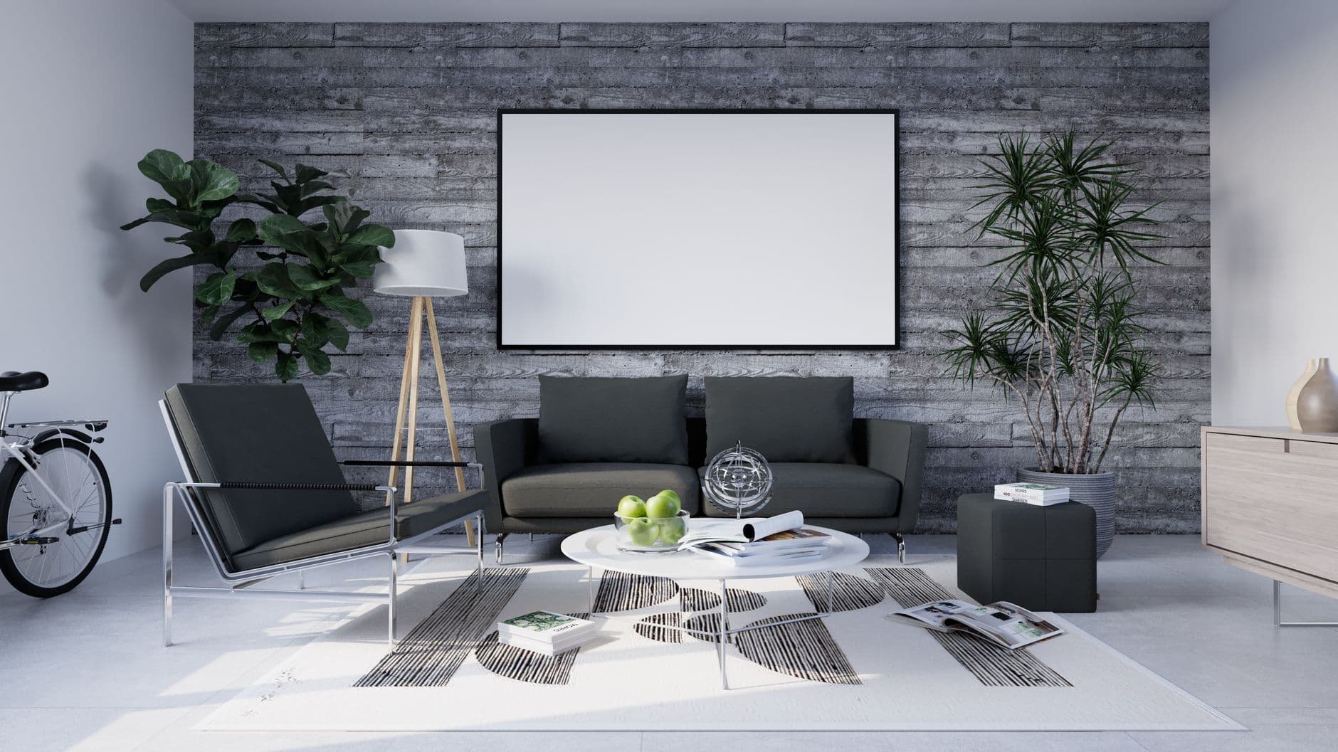 Sleek and stylish minimalist living room with gray tones and contemporary furniture.